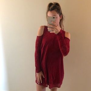 Cold Shoulder Red Velvet Detail Dress